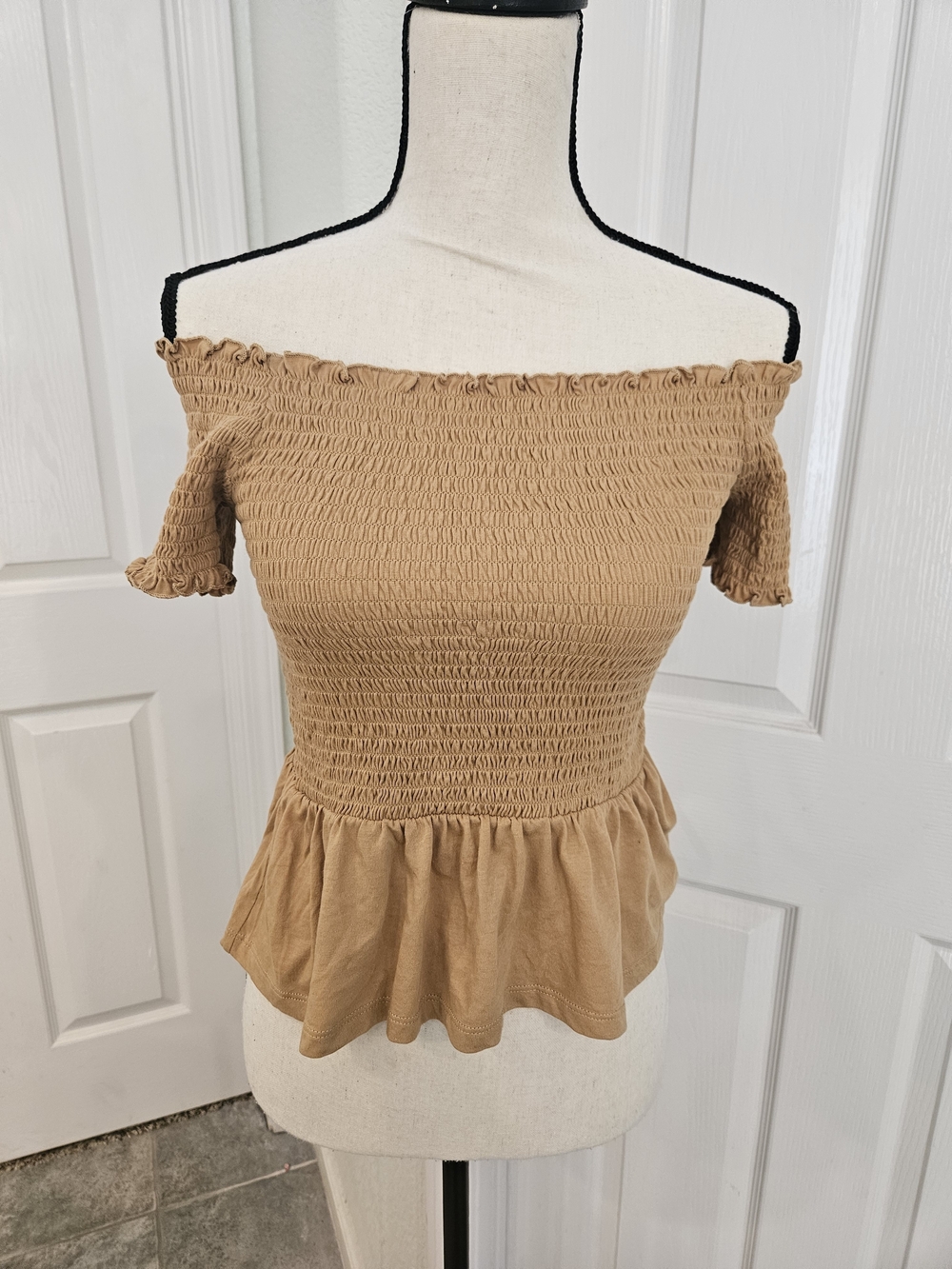 American Eagle Outfitters Off-Shoulder Smocked Peplum Top - Tan